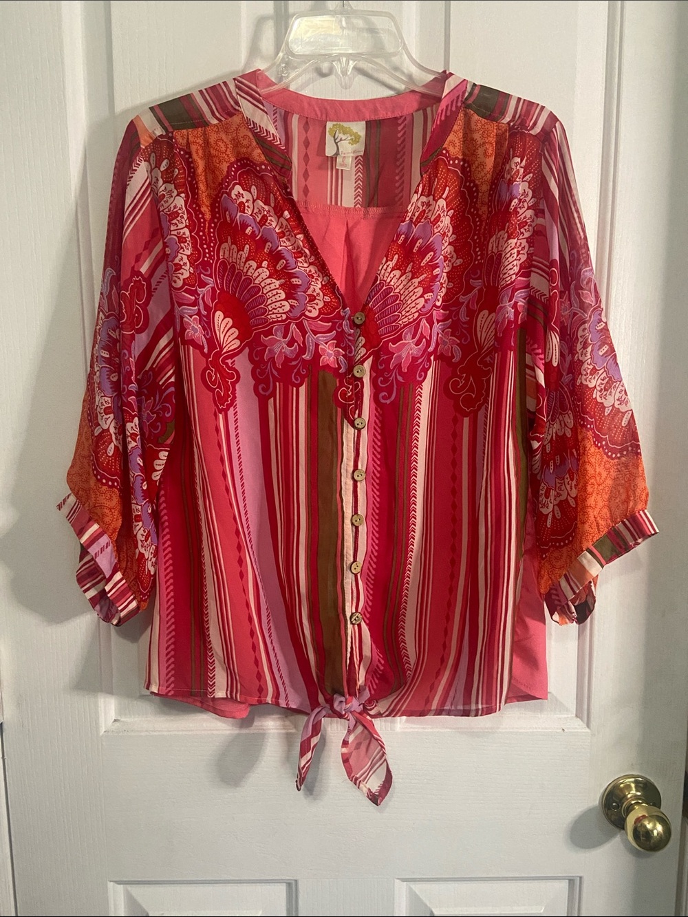 fig and flower Pink & Orange Striped Tie-Front Button Down Blouse